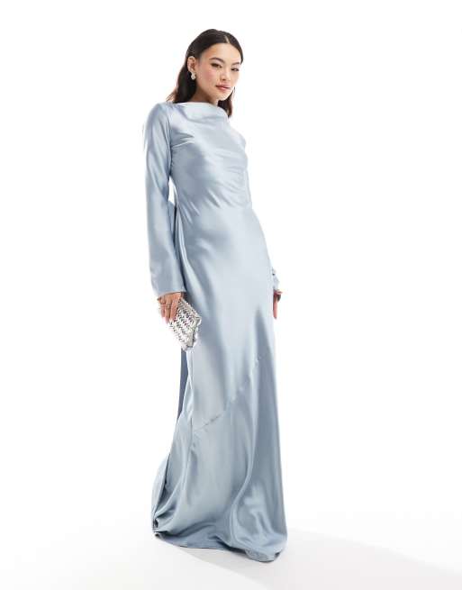 Daska - Robe longue en satin avec nœud oversize en dos - Bleu glacier