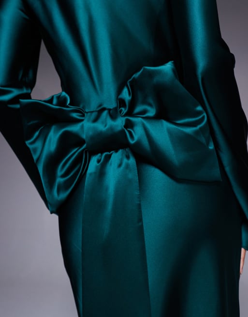 Daska - Robe longue en satin avec nœud oversize en dos - Vert émeraude, 3 de 4