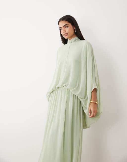 Daska - Robe longue et bouffante en mousseline à col montant - Sauge, 2 de 4