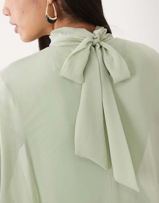 Daska - Robe longue et bouffante en mousseline à col montant - Sauge, 4 de 4