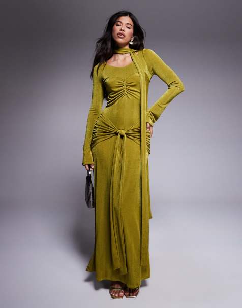 Daska - Robe longue froncée avec liens à la taille et à l'encolure - Vert citron - view 1