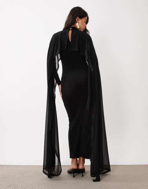 Daska robe longue près du corps à col montant avec détail cape et fronces, noire, 3 de 4