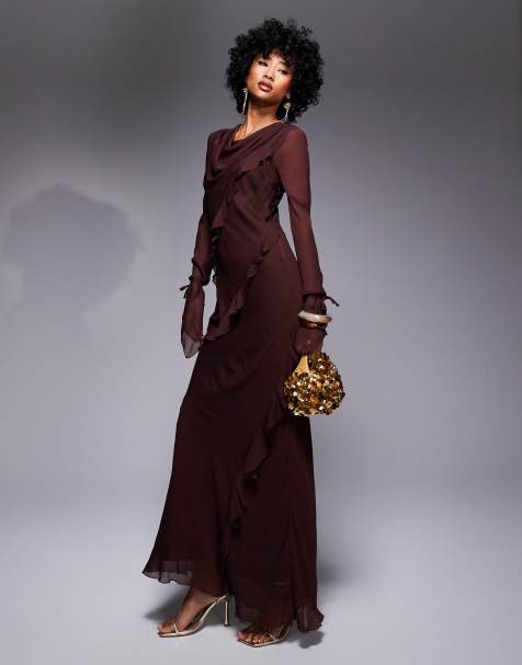 Daska - Robe volantée longue en mousseline - Marron chocolat - view 1