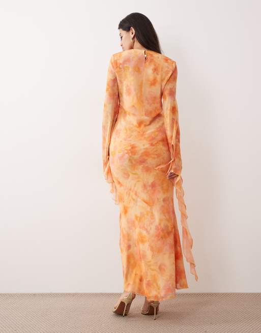 Daska – Rosa och orange, blommig maxiklänning i chiffong med hög, draperad ringning och volang, 4 av 4