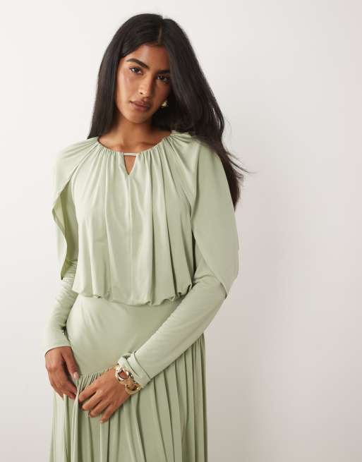 Daska ruched drop asymmetric waist maxi dress with keyhole in sage, 2 of 4