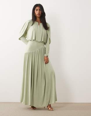 Daska ruched drop asymmetric waist with keyhole maxi dress in sage