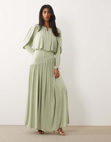 Daska ruched drop asymmetric waist with keyhole maxi dress in sage - view 1