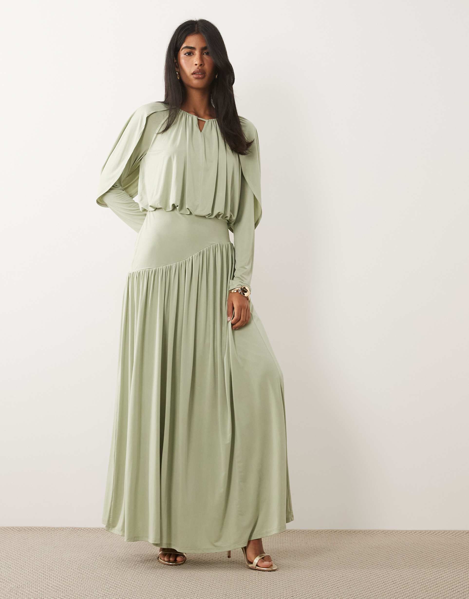 daska ruched drop asymmetric waist with keyhole maxi dress in sage