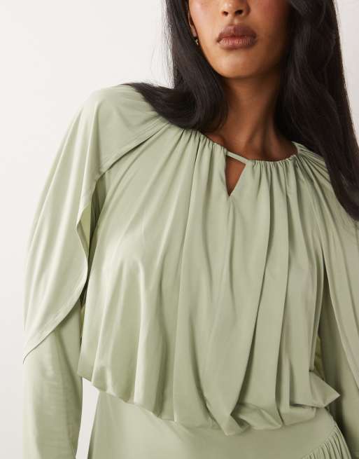 Daska ruched drop asymmetric waist with keyhole maxi dress in sage, 3 of 4