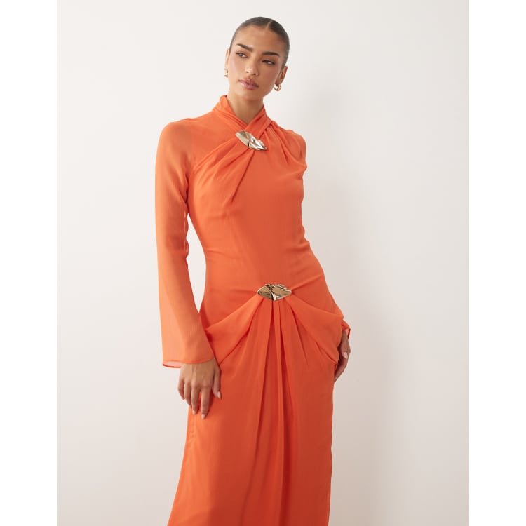 orange long sleeve ruched dress NWT Oh Polly US 4 Rust Orange Ruched Mini Dress Long Sleeve Cutout Open Back