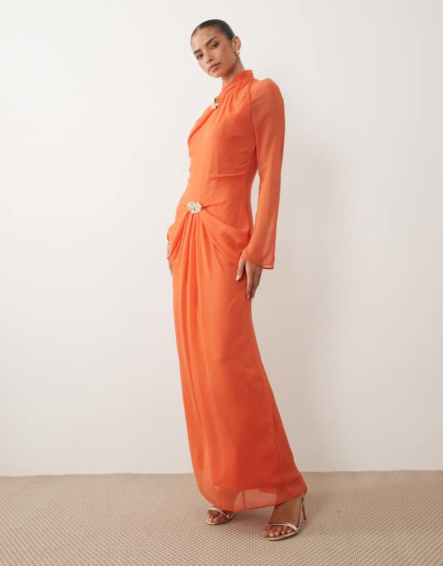 orange and gold wrap dress Daska ruched long sleeve maxi with gold-tone buckle detail in Ebay