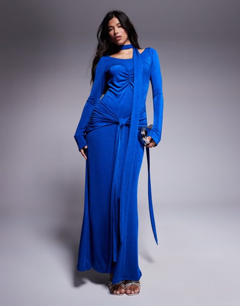 Daska ruched maxi dress with waist and neck tie detail in calbalt - view 1