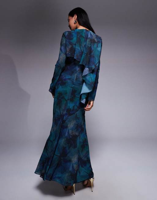 Daska ruffle cape maxi dress in deep blue abstract print, 2 of 4