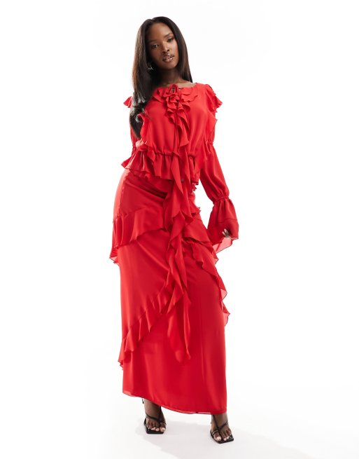 Daska ruffle maxi skirt co ord in red ASOS