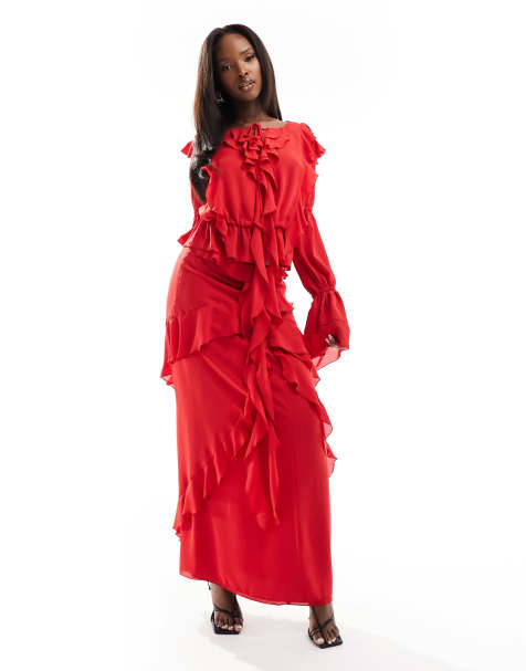 ASOS DESIGN long sleeve ruffle maxi dress in satin and chiffon mix in red