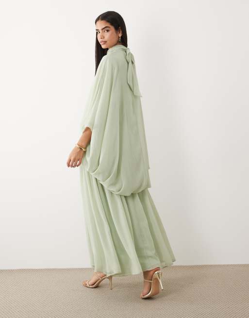Daska - Salviegrøn højhalset maxikjole med blouson-ærmer i chiffon, 3 af 4