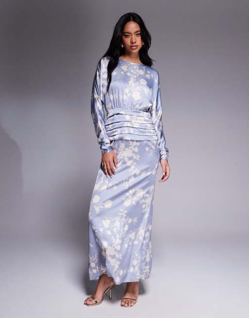Daska satin batwing maxi dress in soft blue floral print
