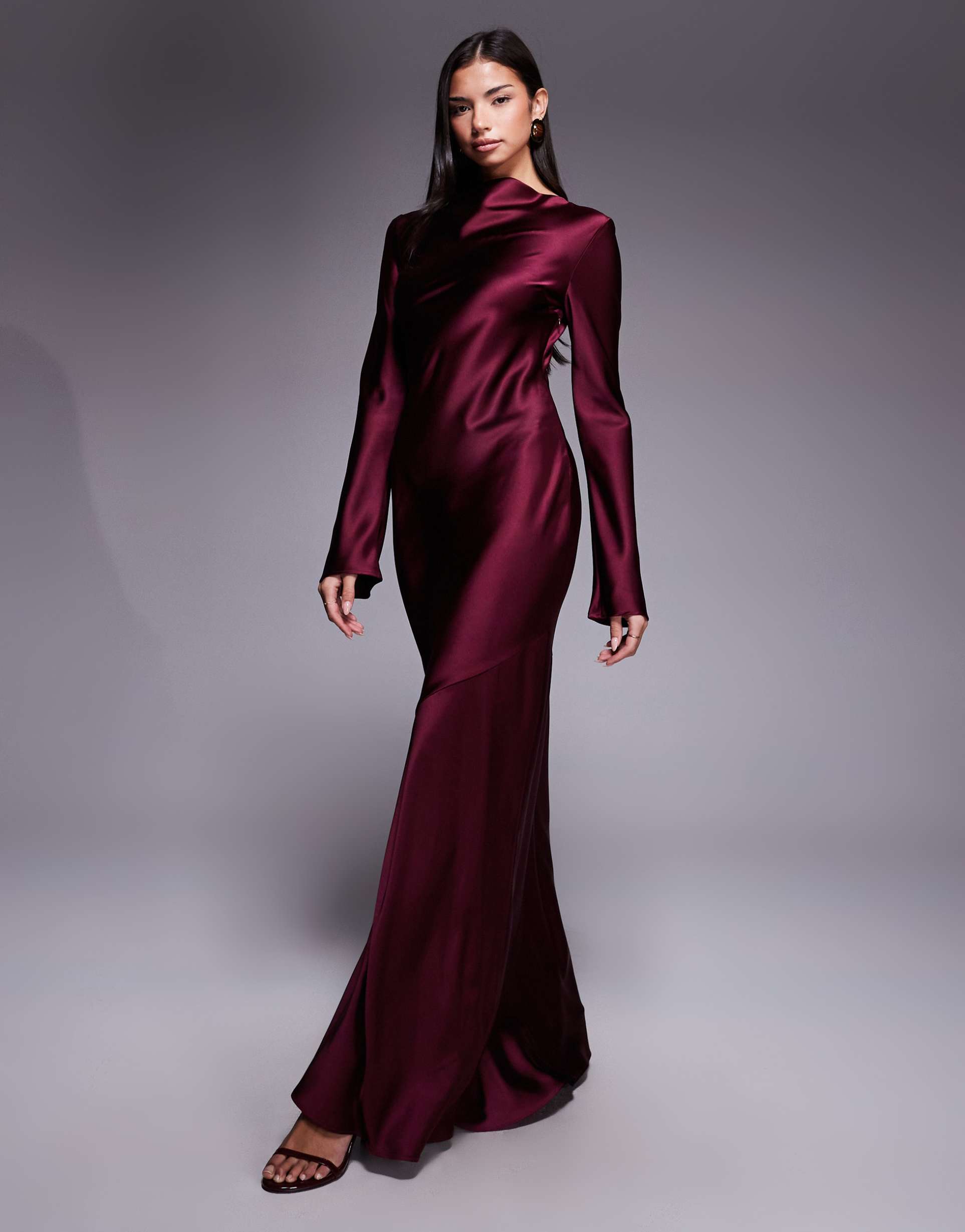 daska satin bias cut long sleeve seam detailing maxi dress in plum