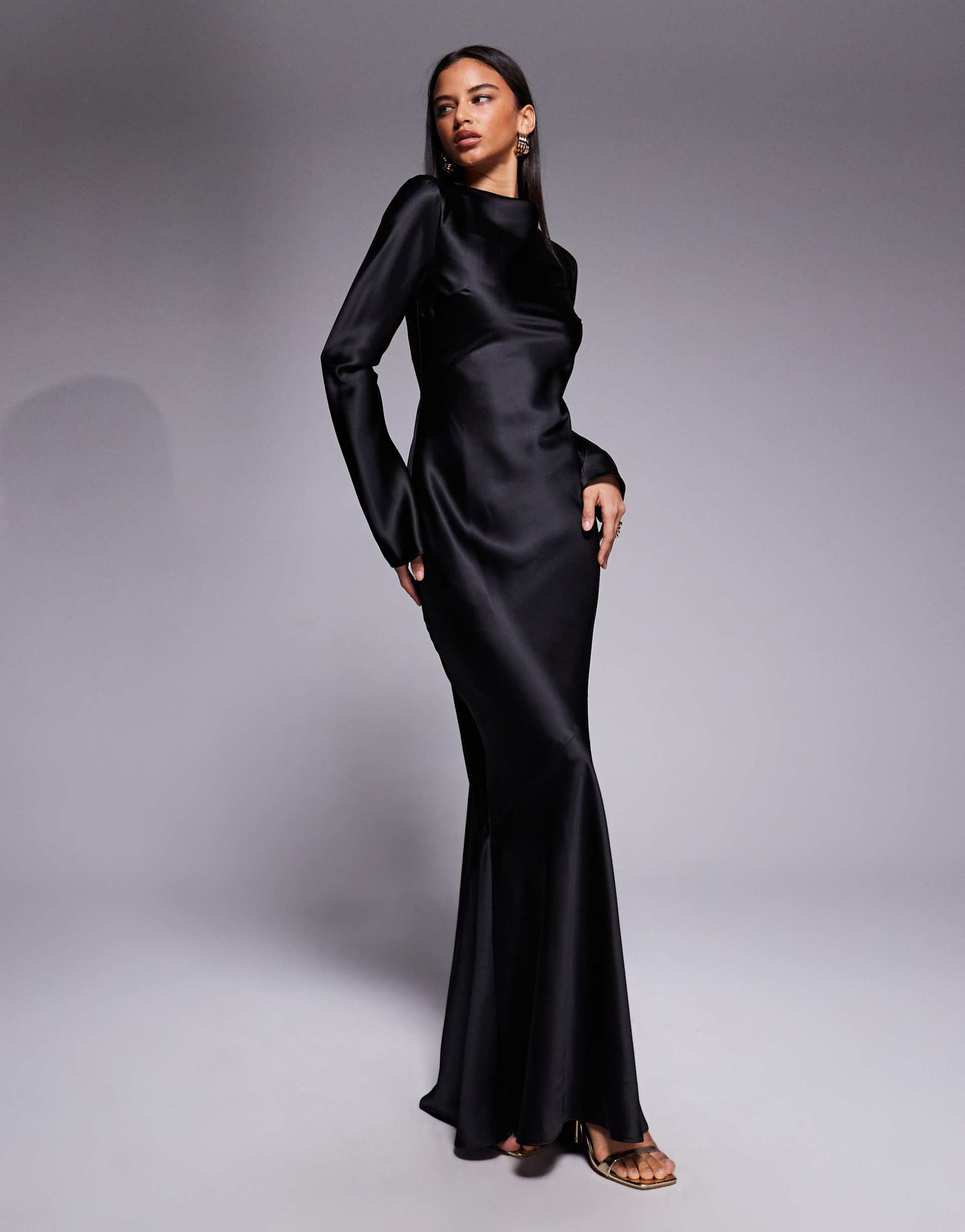 daska satin bias long sleeve seam detail maxi dress in black