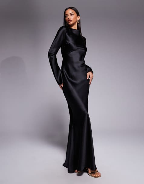 Daska satin bias long sleeve seam detail maxi dress in black