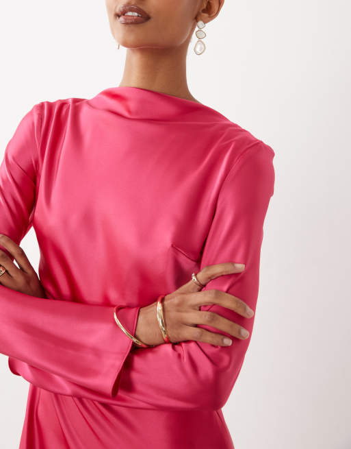 Daska satin bias long sleeve seam detail maxi dress in pink, 2 of 4