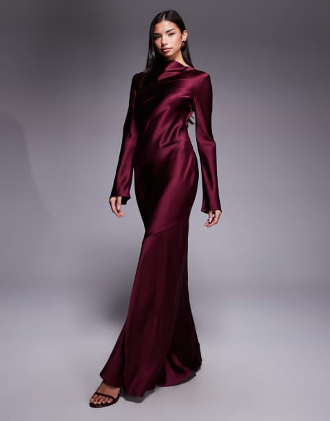 Daska satin bias long sleeve seam detail maxi dress in plum - view 1