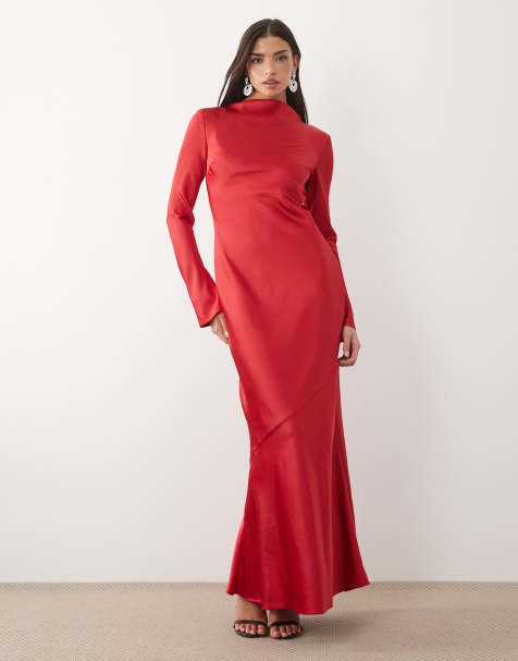 Daska satin bias long sleeve seam detail maxi dress in red - view 1