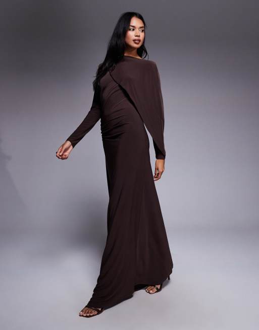 Daska satin cape maxi dress in chocolate brown