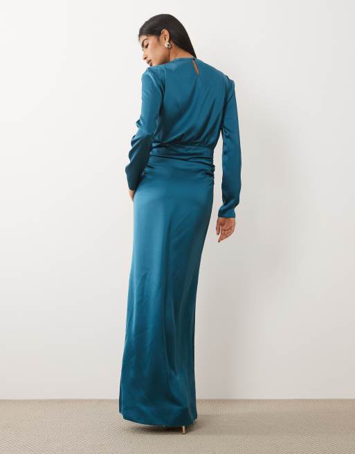 Daska satin cinched long sleeve maxi dress in blue, 4 of 4