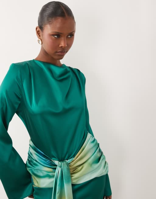 Daska satin drape maxi dress with contrast tie detail in green, 3 of 4