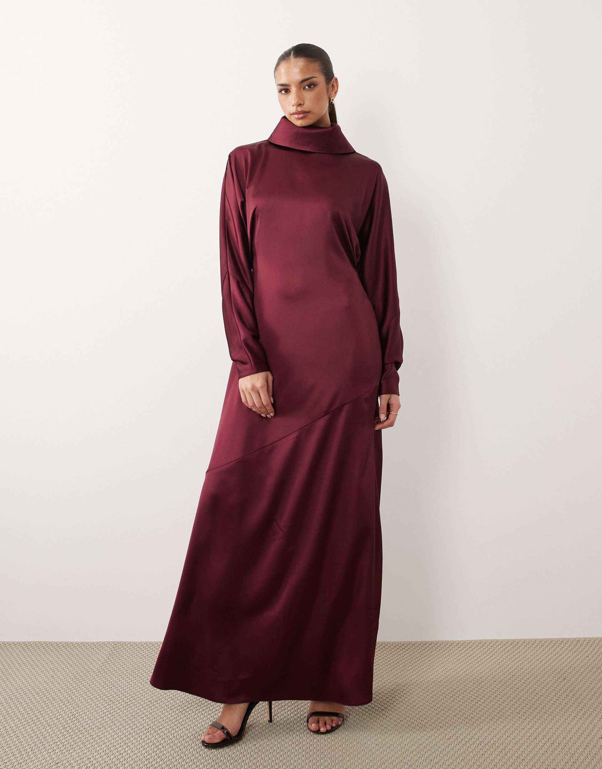 daska satin draped cowl neck batwing maxi dress in burgundy