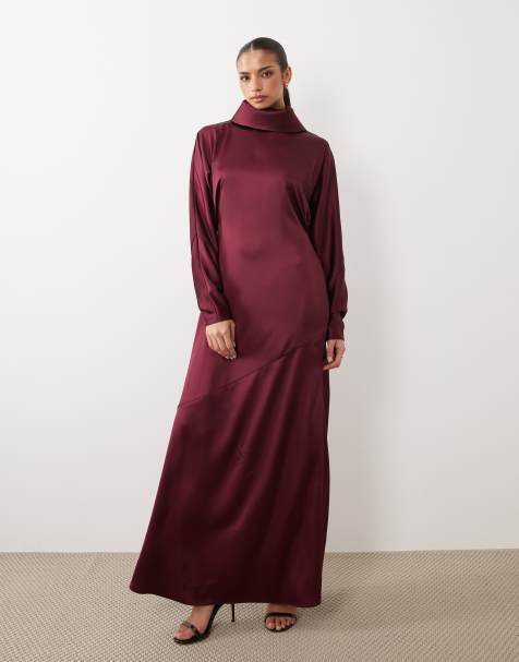 Daska satin draped cowl neck batwing maxi dress in burgundy