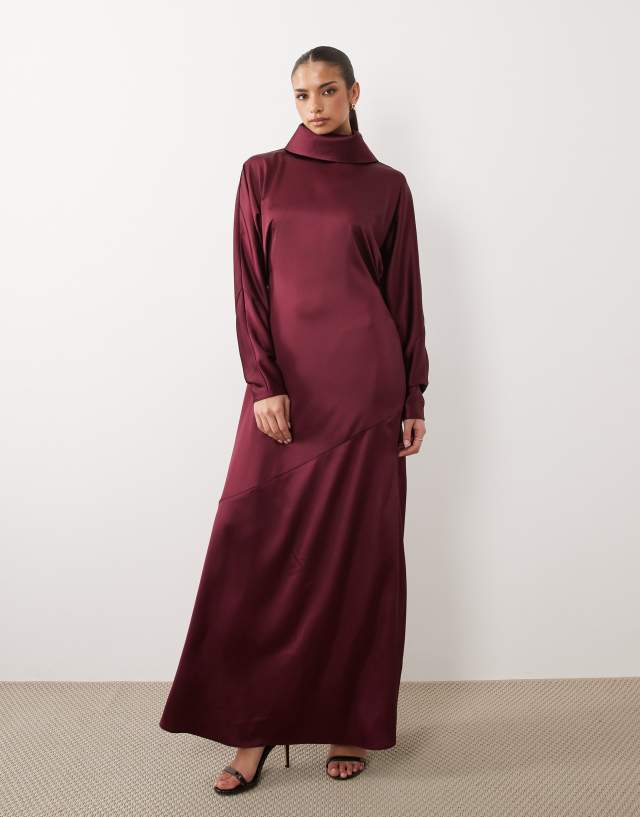 burgundy batwing dress Daska satin draped cowl neck maxi in high slit sequin evening