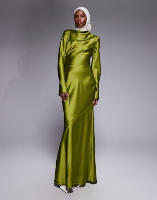 Daska satin exaggerated bow back maxi dress olive green