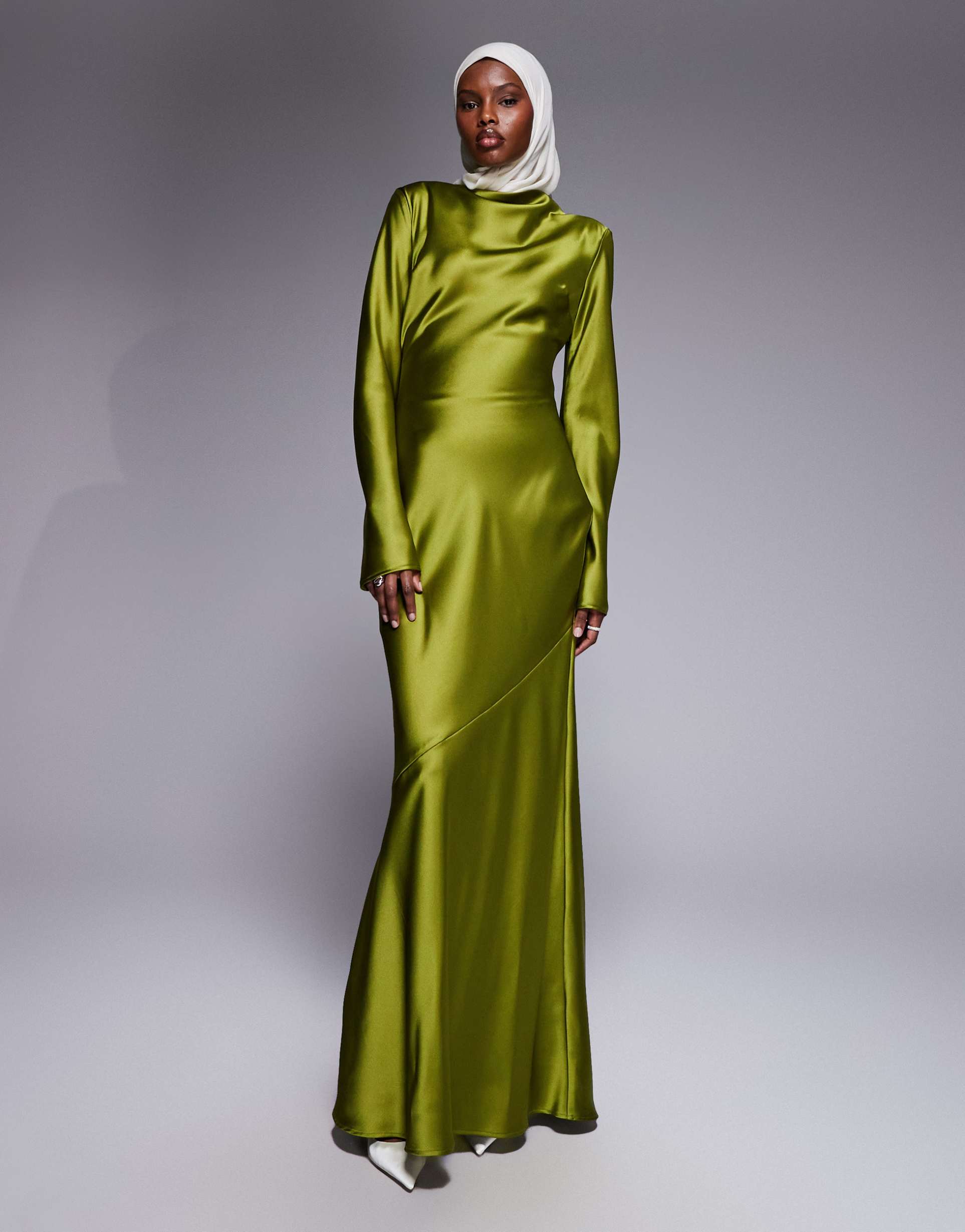 daska satin exaggerated bow back maxi dress olive green