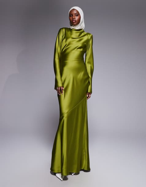 Daska satin exaggerated bow back maxi dress olive green