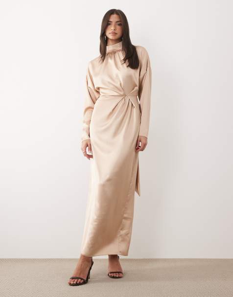 Daska satin high neck long sleeve knot detail maxi dress in gold - view 1