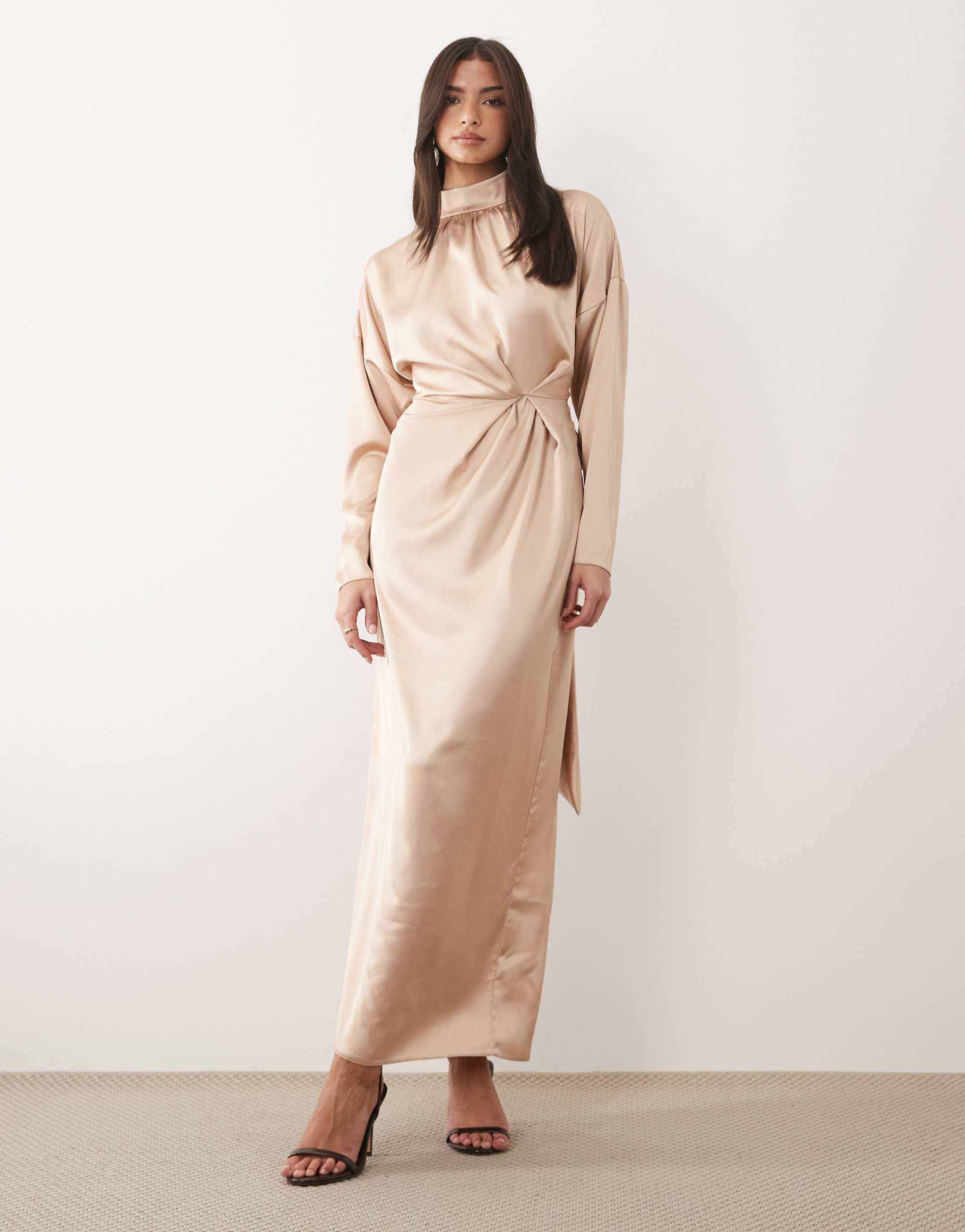 daska satin high neck long sleeve knot detail maxi dress in gold