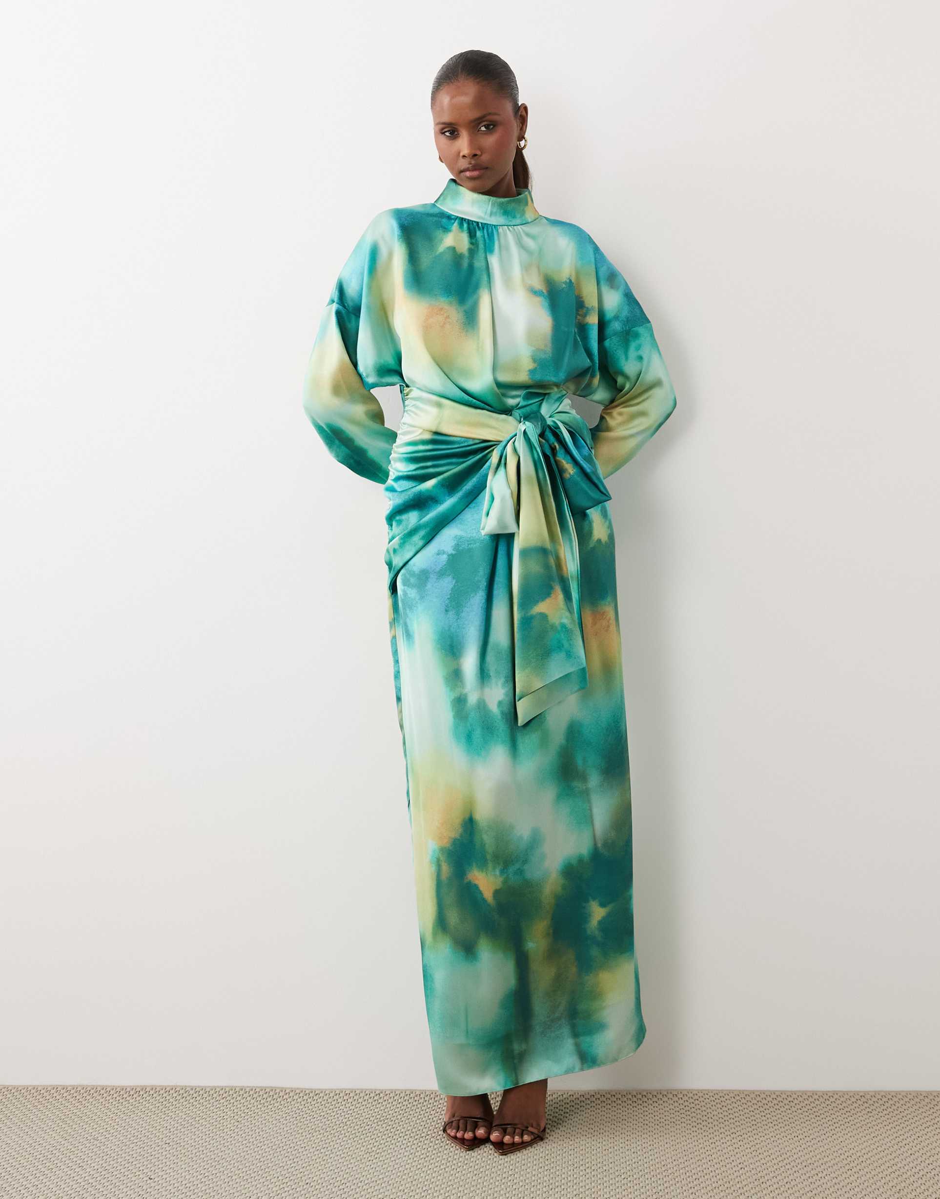 daska satin high neck long sleeve knot detail maxi dress in green blur print