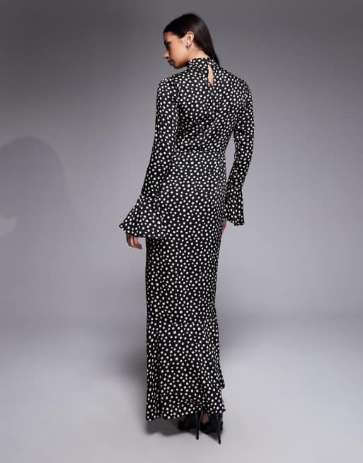 Daska satin knot detail fluted sleeve maxi dress in black polka dot, 2 of 4
