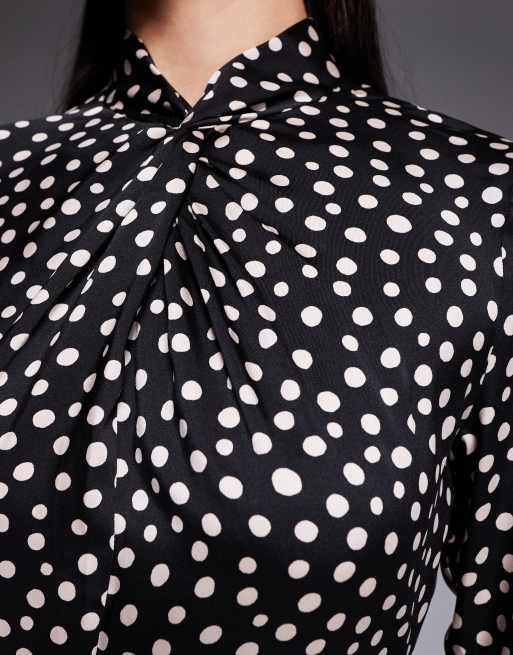 Daska satin knot detail fluted sleeve maxi dress in black polka dot, 3 of 4