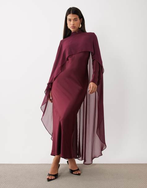Daska satin mandarin collar detail maxi dress with chiffon cape in plum
