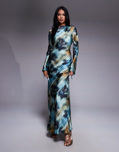 Daska satin maxi dress in cobalt blue abstract tartan print - view 1