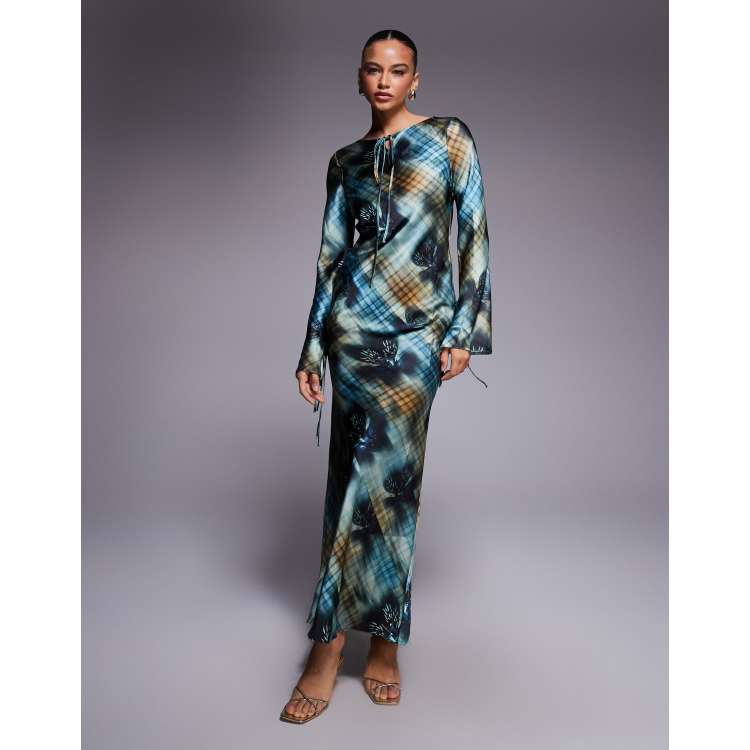 Daska Satin Maxi Dress in Cobalt Blue Abstract Tartan print-Multi