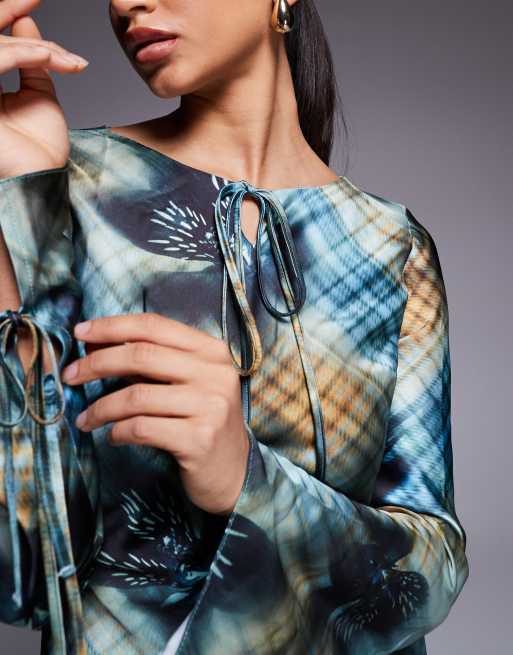 Daska satin maxi dress in cobalt blue abstract tartan print, 3 of 4