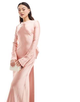 satin maxi dress with exaggerated bow back in dusty pink