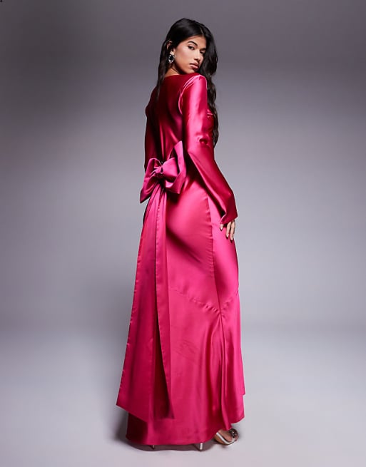 pink satin maxi dress Flora Hidden back zipper/clasp Peyton Strapless Satin Maxi Dress