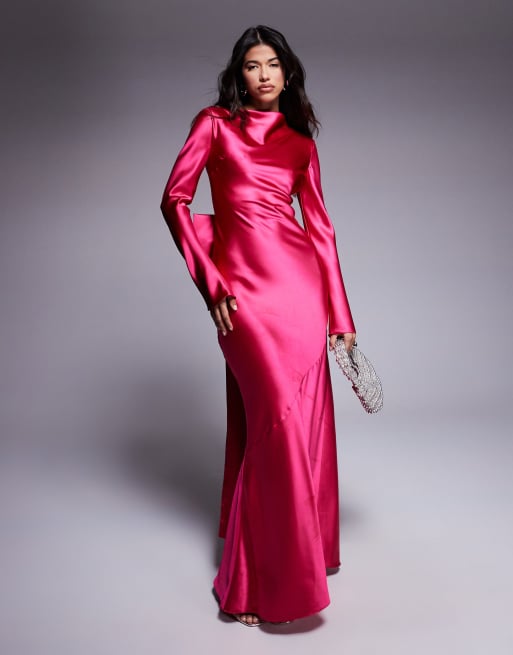 Daska satin maxi dress with exaggerated bow back in fuchsia 