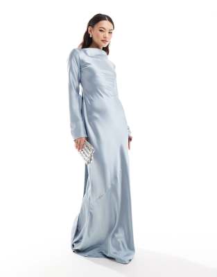 satin maxi dress with exaggerated bow back in ice blue