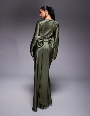 Daska satin maxi dress with exaggerated bow back in khaki green - view 1